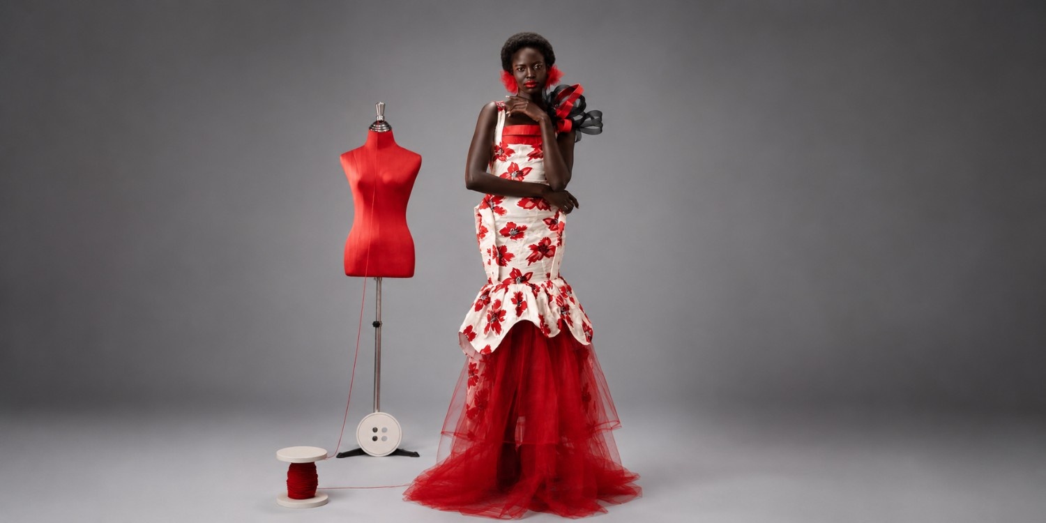 Model wearing the Crimson Bloom couture look with cascading red tulle